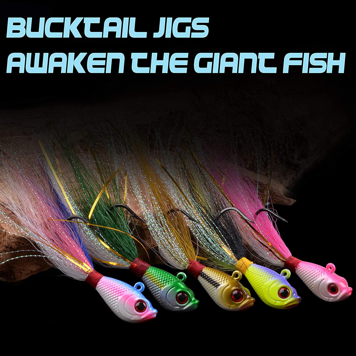 3 Pieces Saltwater Bucktail Jigs 3/4 OZ Yellow Black Open Mouth