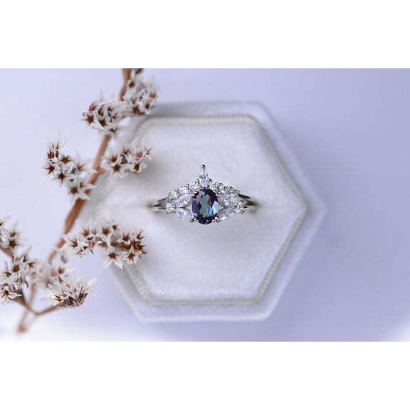 Rhodium Plated Silver Dainty Alexandrite Ring Set, 1Ct Oval Cut Alexandrite Ring Set, Silver Ring Unique Curved Marquise Cut Ring Set, Size 5
