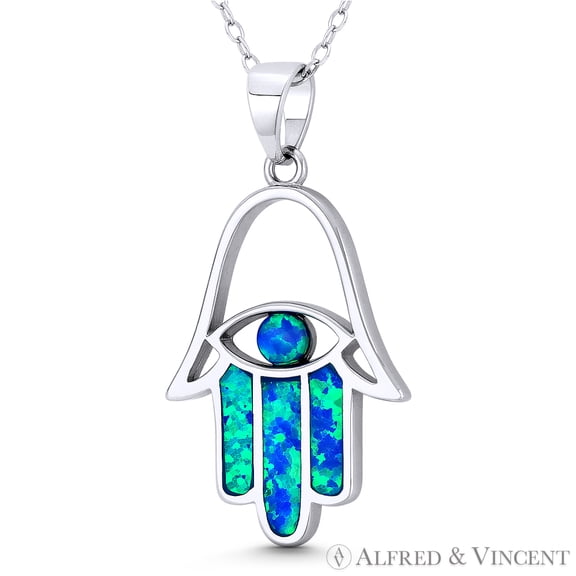 Hamsa Hand Evil Eye Charm Created Opal 33x18mm (1.3x0.7in) Pendant & Chain Necklace in .925 Sterling Silver w/ Rhodium