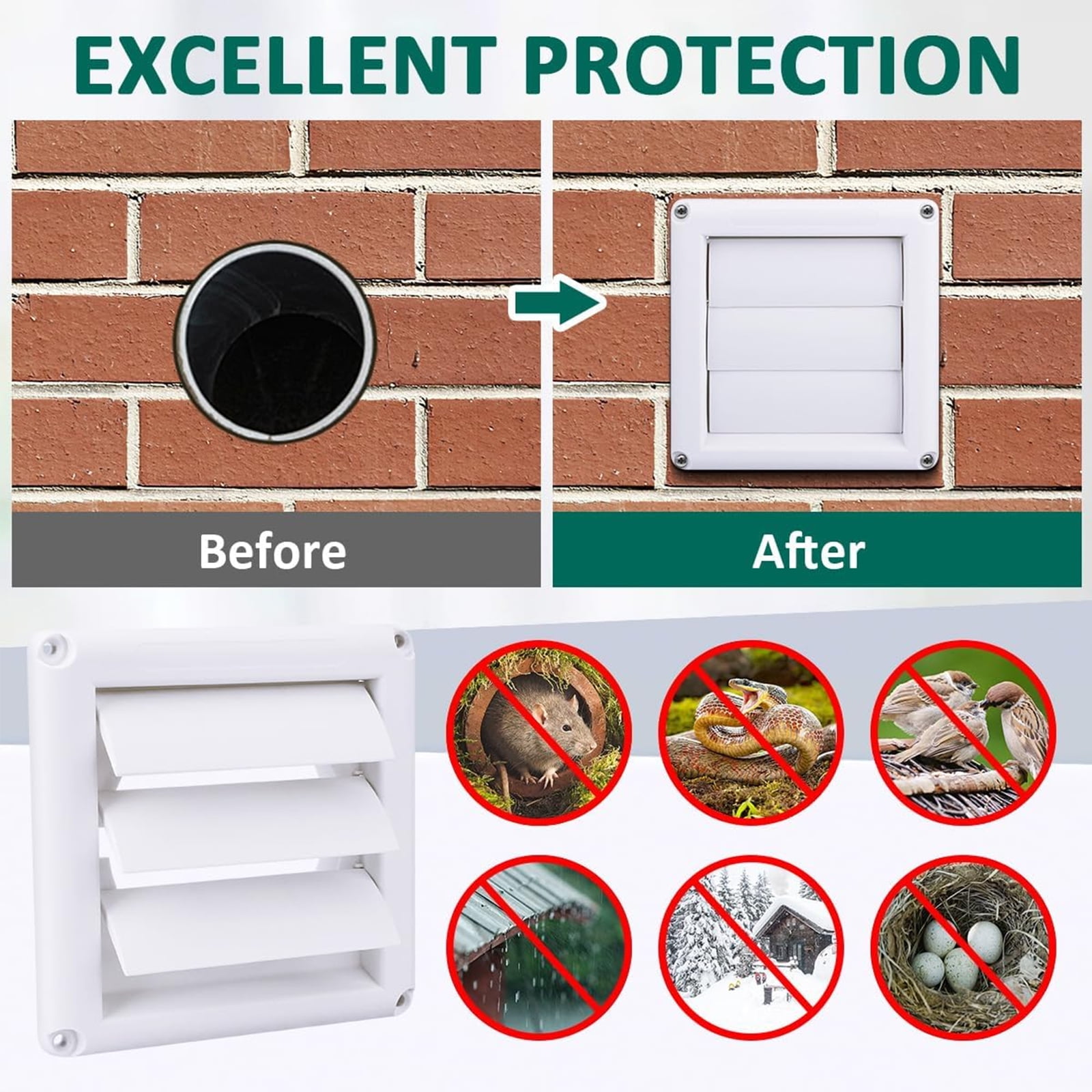 Detetap Vent Louvered Weather-Resistant Outdoor Plastic Dryer Vent Cover for 4 inch Pipe, UV Protection for Maximum Airflow Efficiency & Long-Lasting Durability，Includes 4 Screw (White)