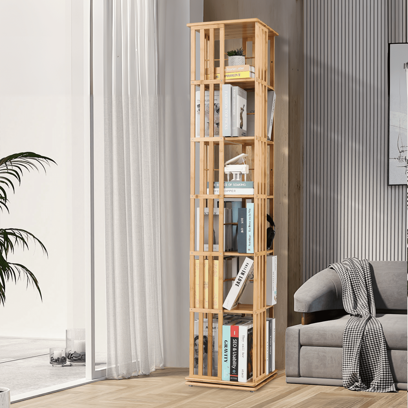 Magshion Bamboo Revolving Bookshelf 360 Degrees, 6-Tiers Free Standing Rotating Bookcase, Storage Rack for Home, Study, Office, Natural