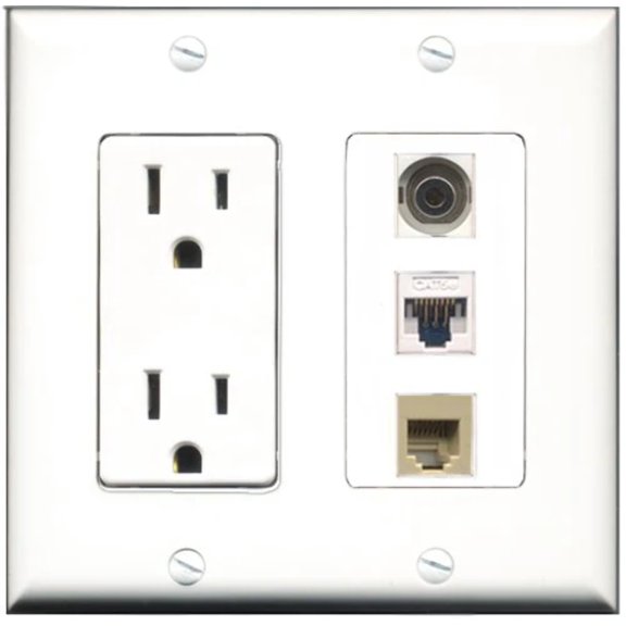 RiteAV - 15 Amp Power Outlet 1 Port Phone Beige 1 Port 3.5mm 1 Port Cat5e Ethernet White Decorative Wall Plate