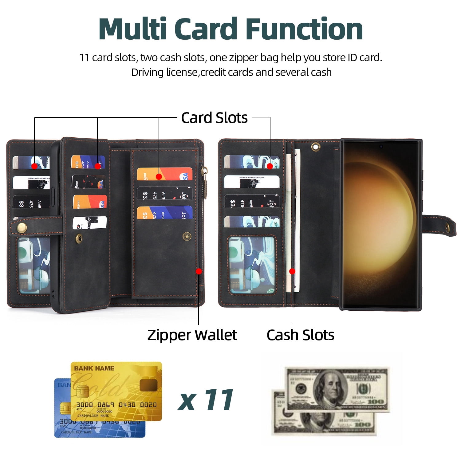 Dteck for Samsung Galaxy S23 Ultra Case, Samsung S23 Ultra Wallet Case for Women Men, PU Leather Flip Lanyard Strap Wristlet Zipper Card Holder Magnetic Detachable Phone Case for S23 Ultra,Black