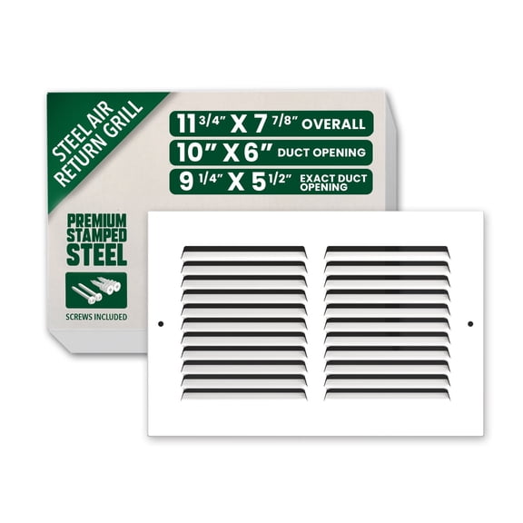 10x6 Return Air Grille - Heavy Duty Steel Vent Cover, Louvered Design, Paintable White, Install Kit Included - HVAC Wall & Ceiling Register by Bryce Hardware (10 x 6 Inch)