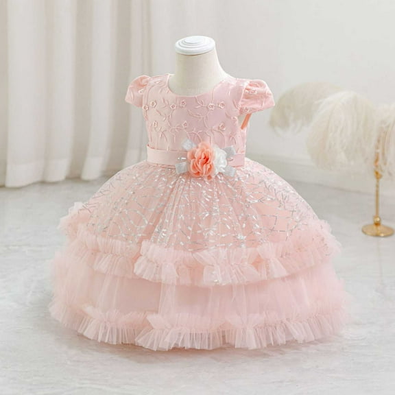 Girls Lace Wedding Tulle Dress Short Sleeve Princess Pageant Birthday Christmas Party Evening Dance Ball Gown Pink 3-4 Years