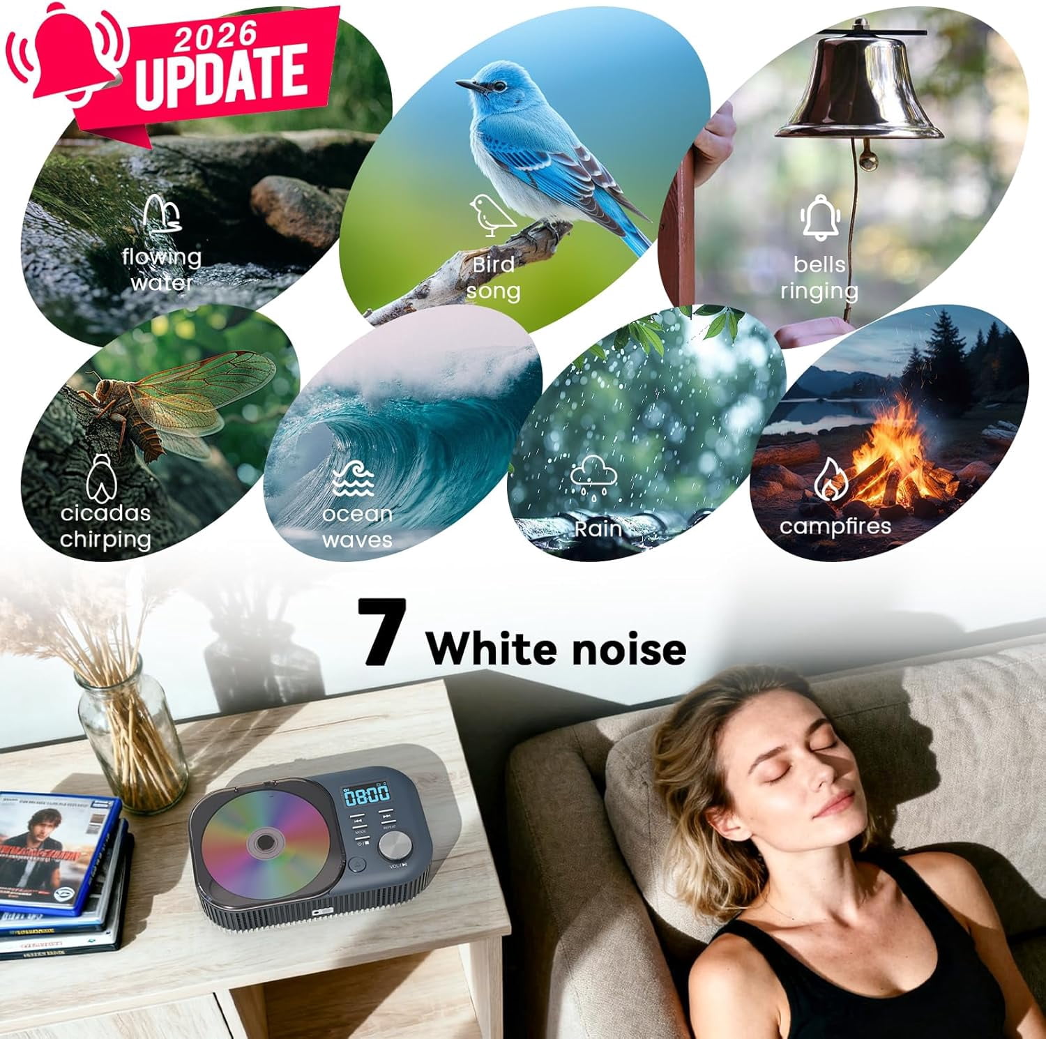 CD Player Portable, White Noise Portable CD Player with Bluetooth/Dual Stereo Speakers,Support FM Radio/USB/AUX,Remote Control,4000mAh Rechargeable for Car/Home Navy Blue
