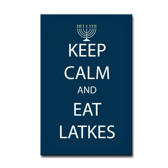 Navy Blue and White "KEEP CALM AND EAT LATKES" Hanukkah Rectangular Cotton Wall Art Decor 16" x 12"