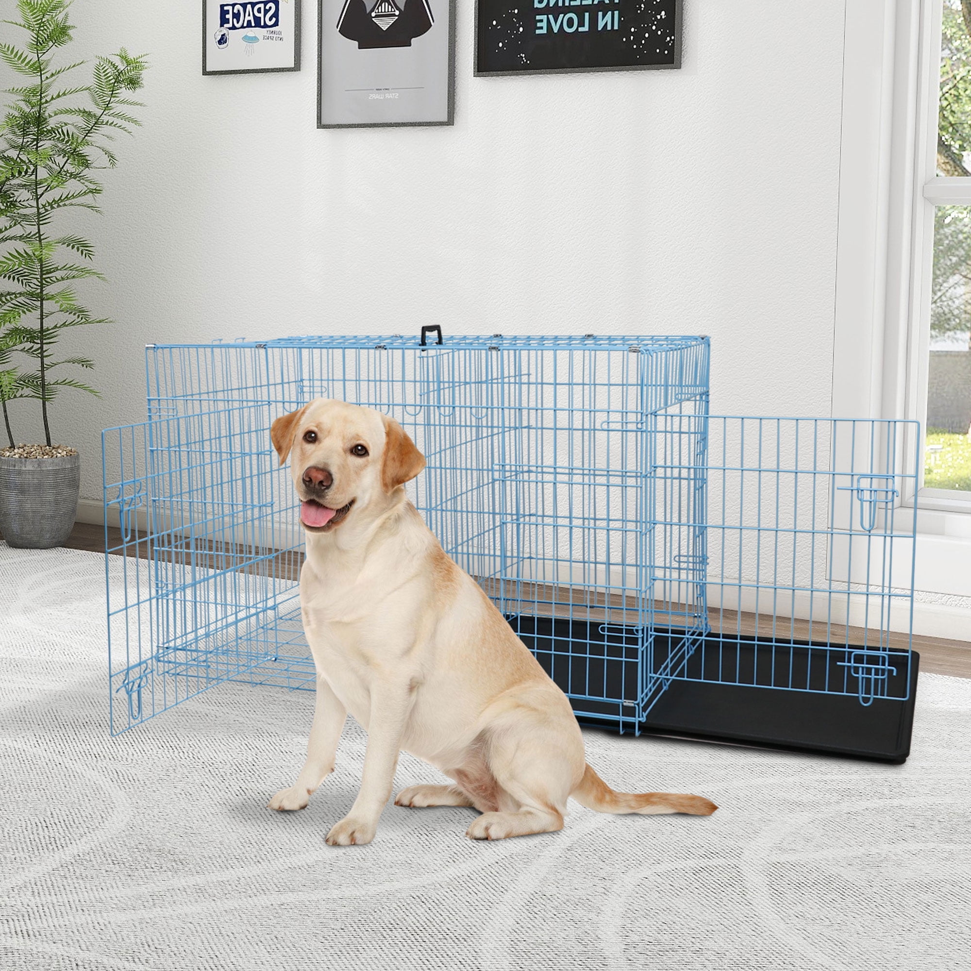 YRLLENSDAN 42 inch Foldable Large Dog Crate for Large Dogs, Metal Wire Dog Cage with Plastic Tray and Handle Double-Door Outdoor Dog Crates and Kennels for Medium Dogs, Blue