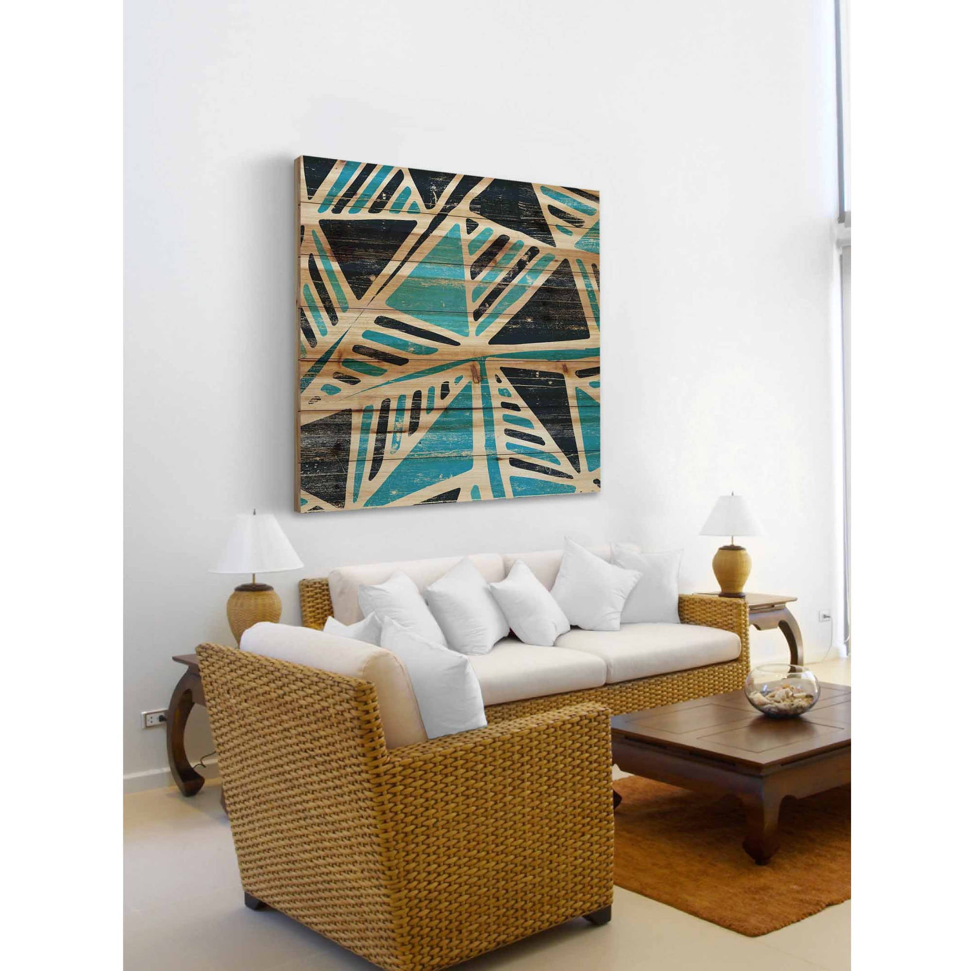 Marmont Hill - "Teal Triangles" Painting Art Print on Natural Pine Wood