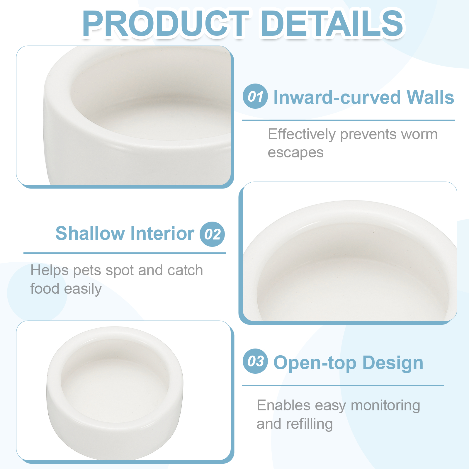 Reptile Food Bowl, Worm Water Dish Ceramic Pet Bowl Food Dish (4 In, White, 2 Pack), for Gecko Scaled Pet