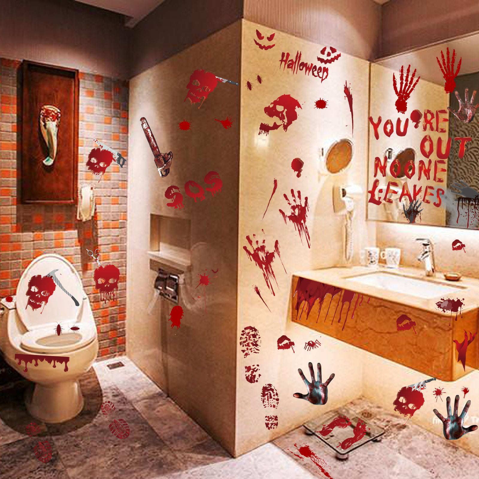 Halloween Decorations 108 pcs Window Clings 10 sheet Halloween Bloody Handprint Footprint Floor Clings Wall Decal Scary Halloween Decoration Window Stickers