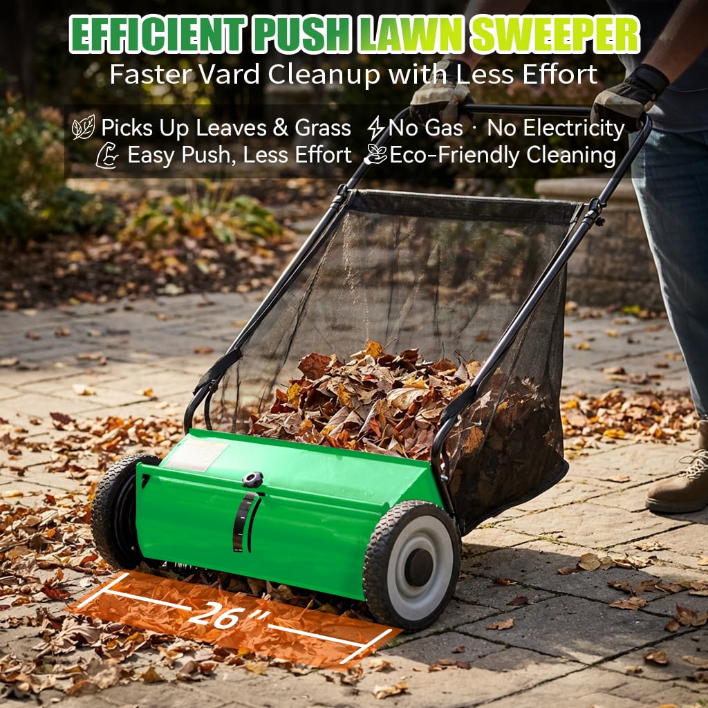 26" Push Lawn Sweeper, 7 cu.ft Large Capacity Yard Sweeper Push, Leaf Collector with Detachable Hopper, Rubber Wheels, Ergonomic Handle for Lawns, Yards & Gardens,Adjustable Height