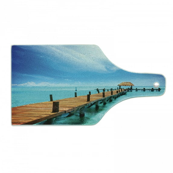 Tropical Cutting Board, Exotic Hawaiian Wooden Pier Design Warm Ocean Pastoral Summer Vacation Theme, Decorative Tempered Glass Cutting and Serving Board, in 3 Sizes, by Ambesonne