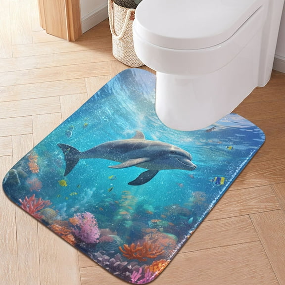 Toilet Rug U-Shaped Bathroom Rugs Non-Slip Soft Plush Machine Washable Contour Bath Mat Dolphin in Ocean 24x20