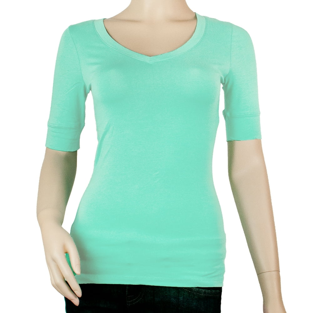 SNJ - Women's Basic Elbow Sleeve V-Neck Cotton T-Shirt Plain Top-Plus ...