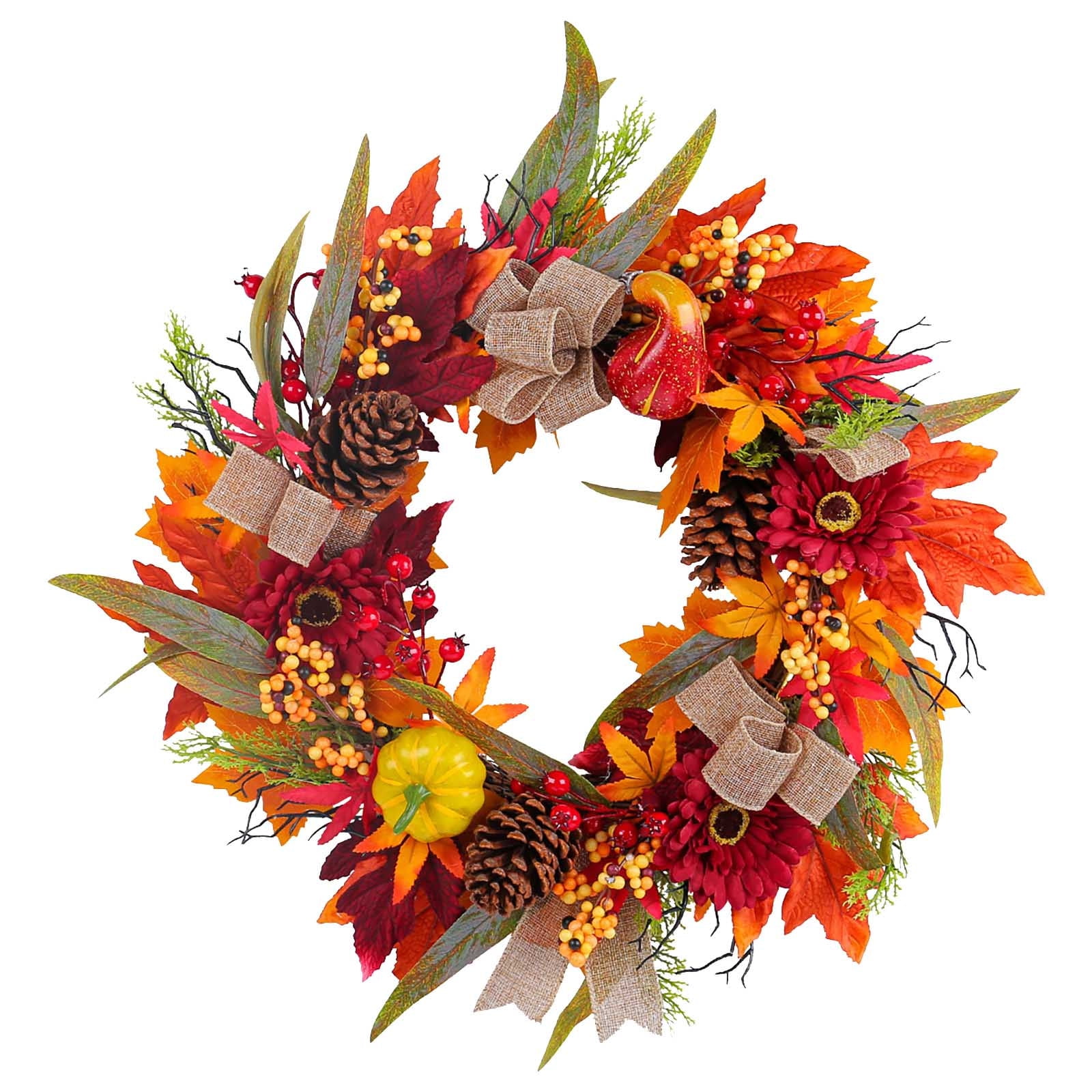 24 Inch Fall Wreaths For Front Door Outside, Fall Harvest Door Wreath With Pupkins Berries