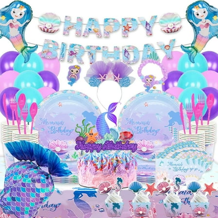 Mermaid Party Supplies for Girls, Birthday Tableware Set，Mermaid Birthday Party Decoration with Plates, Cups, Napkins & Cutlery