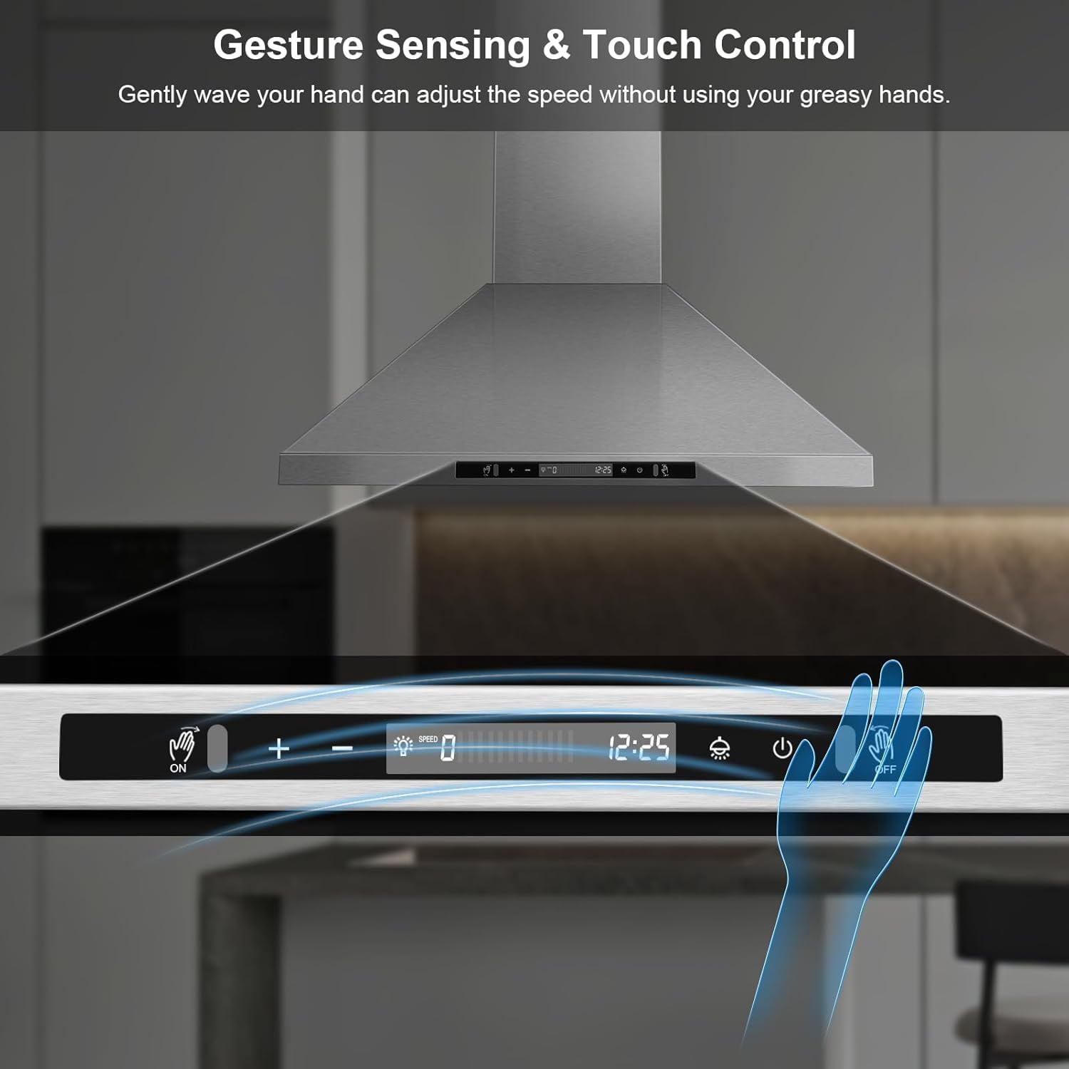 30 inch Island Range Hood 700 CFM Ceiling Mount Kitchen Vent Hood with Gesture/Touch Control, 3-Speed Fan & 4 LED Lights, Convertible Ductless/Duct, Stainless Steel Baffle Filters,Time Setting