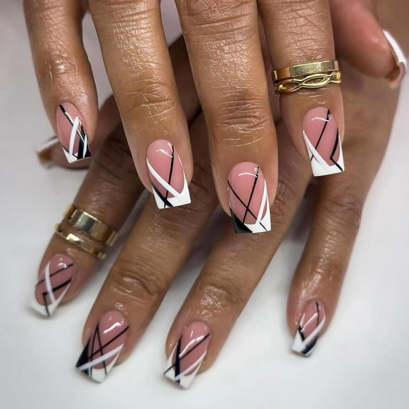 Press on Nails Short Square Fake Nails Glossy Glue on Nails Black White French Tip Acrylic Nails Squoval Artificial Nails Swirl Stick on False Nails with Design 24 pcs 05808Black&White 0.04 Fl Oz