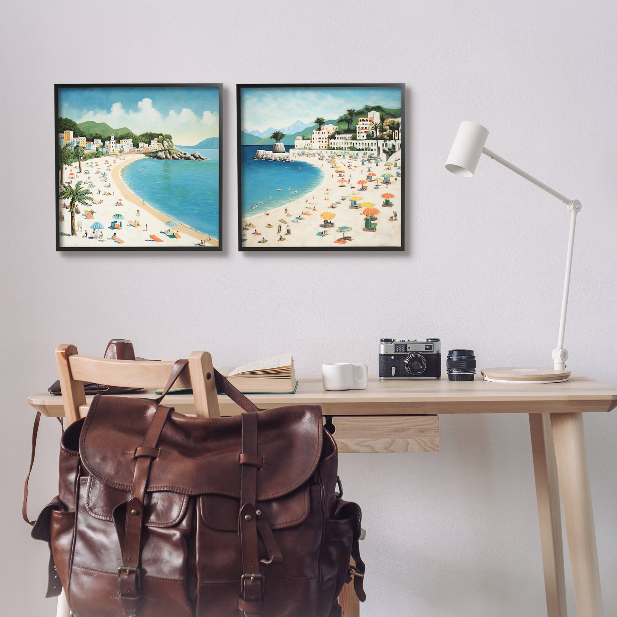 Stupell Industries Beach Goers on Curved Shore Landscape Painting Black Framed Art Print Wall Art, 17 x 17, Set of 2