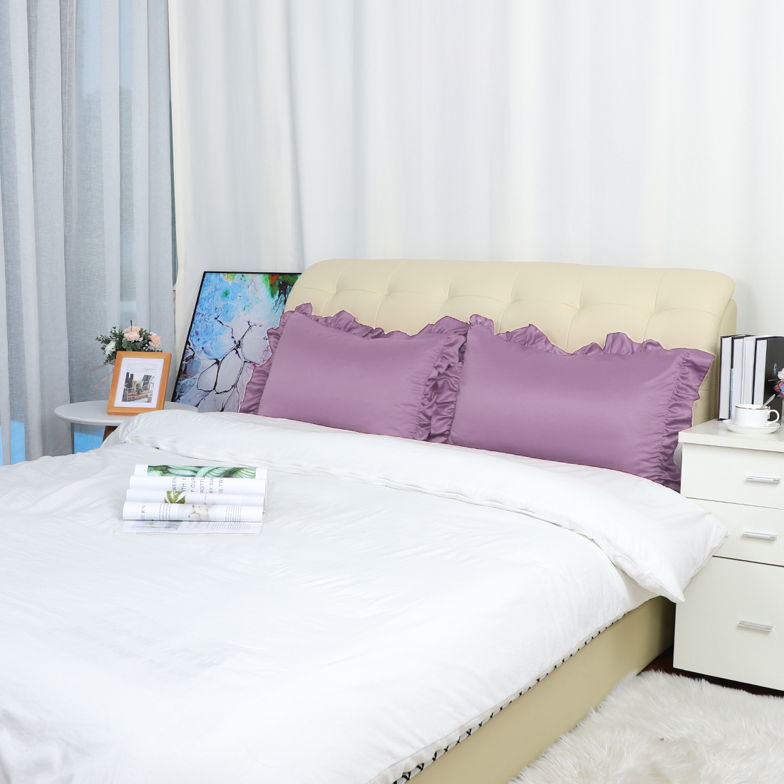 Unique Bargains 4-Piece Satin Ruffled Edge Pillow Shams, Standard, Mauve