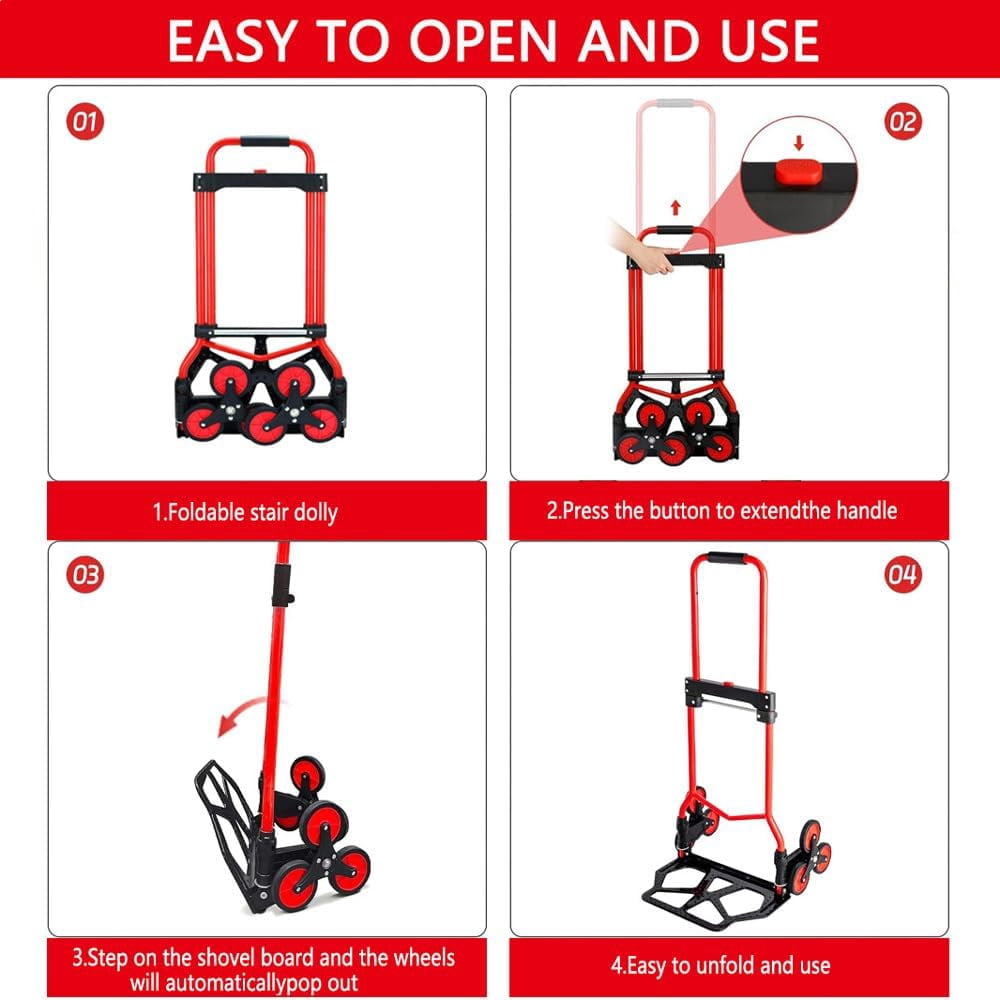 Stair Climbing Cart,Stair Climbing Hand Truck Dolly, 330 lb Capacity Heavy Duty Folding Hand Truck with Telescoping Handle and 6 Wheels and 2 Ropes