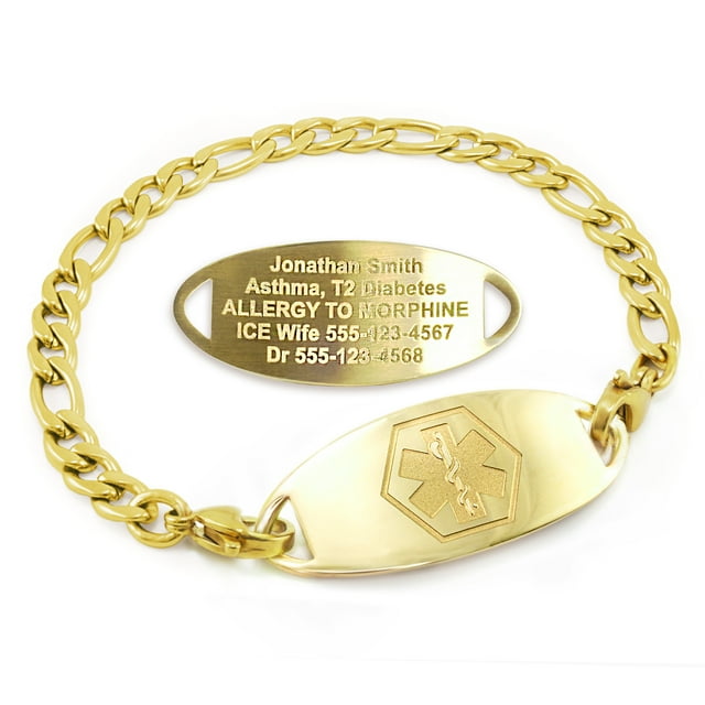 MedicEngraved Yellow Gold Stainless Steel Custom Medical Alert Bracelet - 5mm Figaro Link