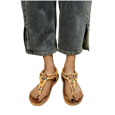 

YanHoo Clearance Thong Flat Sandals Casual Beaded Flower Rhinestone T Strap Dress Sandals Adjustable Ankle Buckle Dress Thong Sandals for Women Summer Wedding