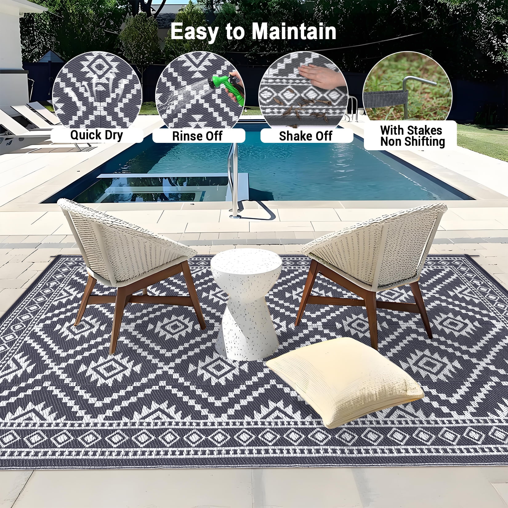 GlowSol 8x10 Outdoor Rug for Picnic Beach Deck-Outdoor Waterproof Patio Rug Indoor Outdoor Boho Geometric Area Rug Reversible Rug, Gray/White