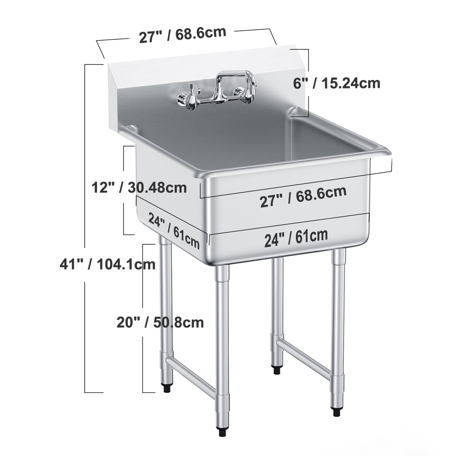 KFFKFF Utility and Preparation Sink in Stainless Steel, Single Basin with Faucet and Legs Included, Dimensions 27"x41", Ideal for Garage, Eatery, Kitchen, Laundry, Certified by