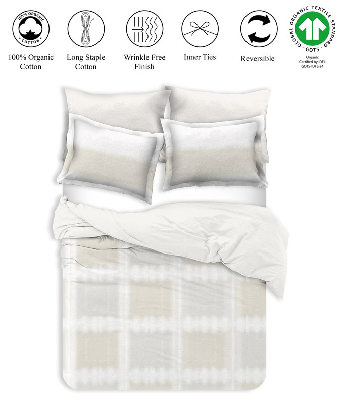 Delara GOTS Certified 100% Organic Cotton Check Reversible Print Duvet Cover and Sham Set of 2, King 108 "X92", Beige