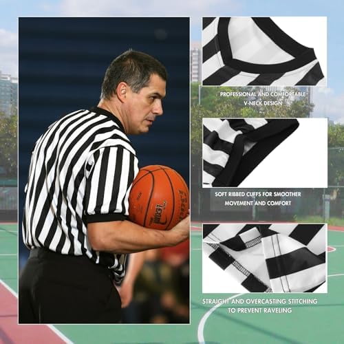 Jointown 4Pcs Referee Shirt Men V-Neck Official Ref Jersey Kit for Basketball Football Soccer Halloween Costume Flag Whistle