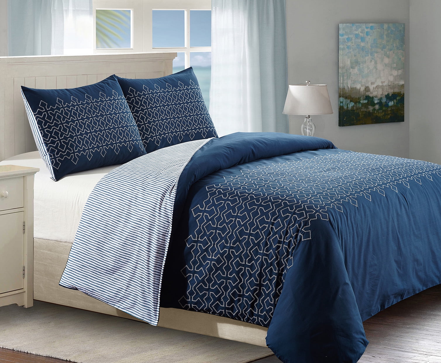 Style Quarters Meadow Lane Blue 3 Piece 100% Cotton Duvet Cover Set - King