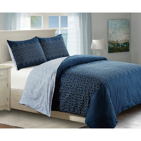 Marlowe Lane 3pc 100 Cotton Blue Geometric Embroidered Duvet