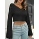 thumbnail image 5 of Jersey corto de mujer con cuello en V y manga larga, jerséis informales Abanopi Camiseta de manga corta, 5 of 7