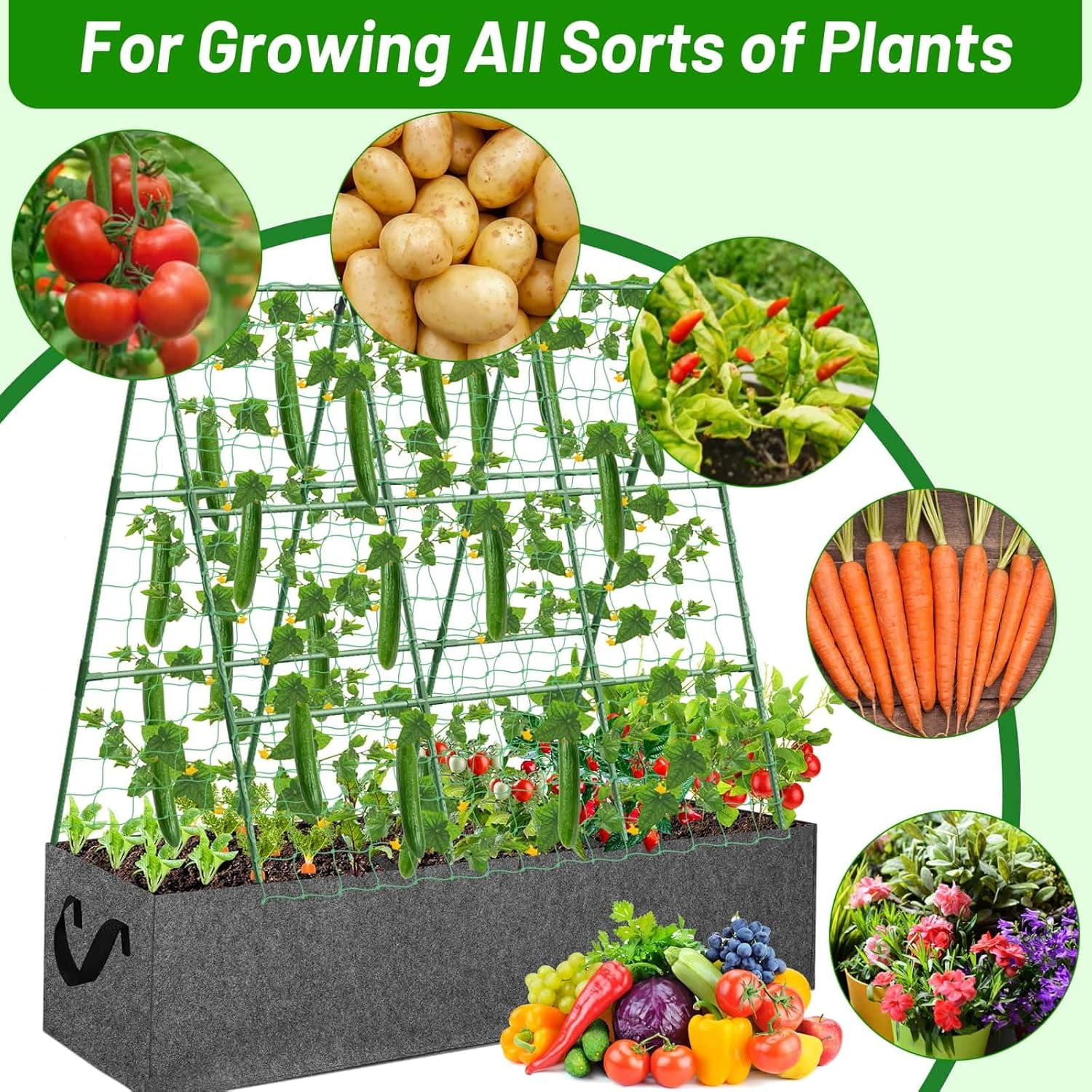 Cucumber Trellis with  Gallon Grows Bag, 50 x 54 Inches A Frame Outdoor Greenhouse Trellis and Fabric Raised Bed, Climbing Net and Plant Support Clips for Bean Climbing Plants
