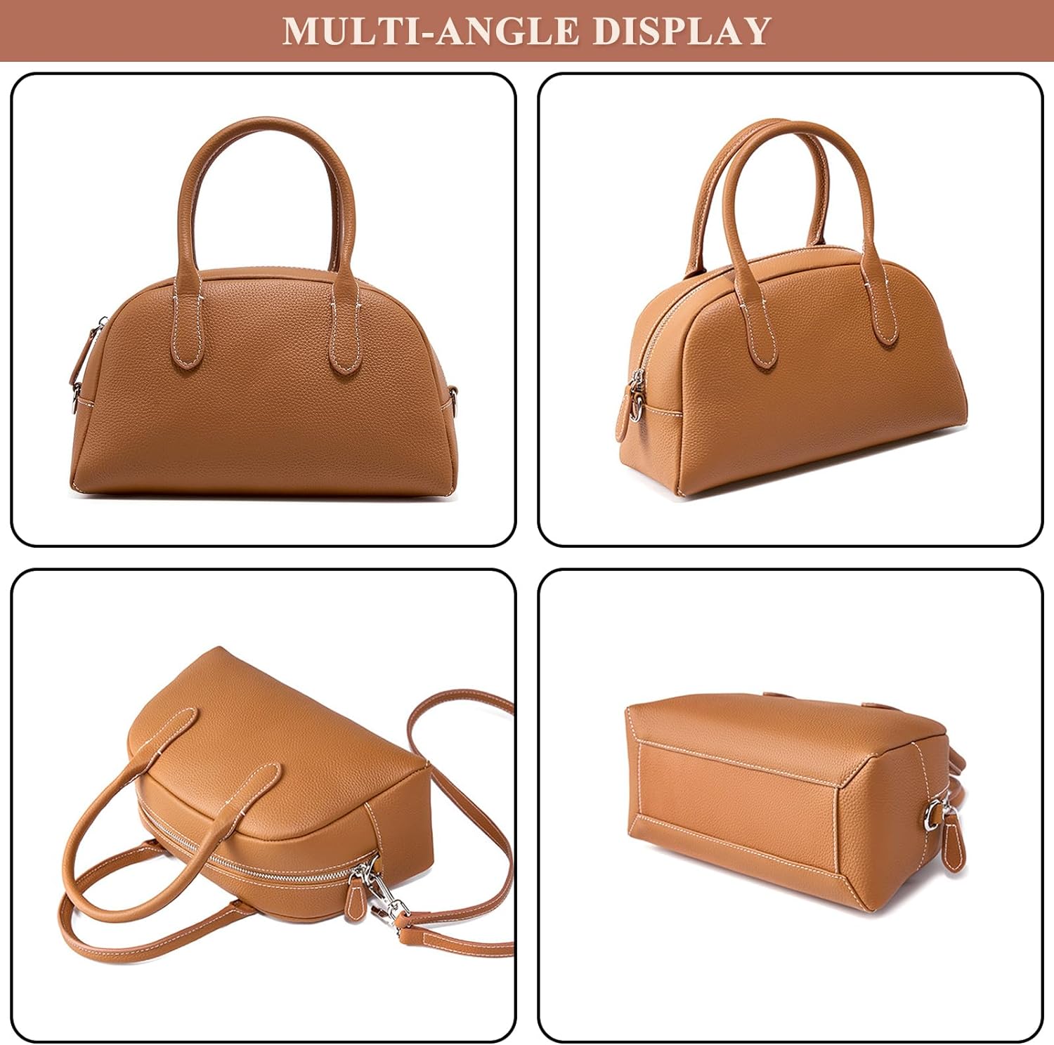 Women's Top Handle Shoulder Bag - Simple Leather Boston Bag, Small Underarm Purse - View #11