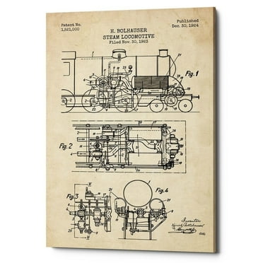 Epic Graffiti  "Steam Locomotive Blueprint Parchment Patent" Giclee Canvas Wall Art, 12"x18"