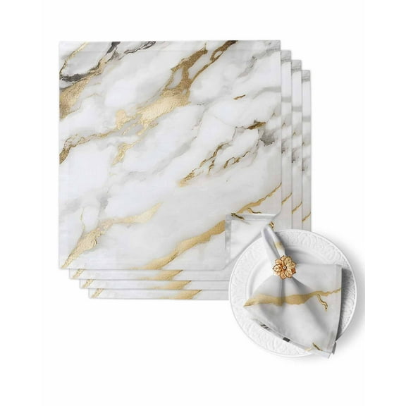 Cloth Napkins Abstract White Gold Marble Stone Washable Soft Kitchen Dinner Napkin Set of 4,Modern Inpressionist Art Reusable Cocktail Napkins for Wedding Holiday Party Event,20x20In
