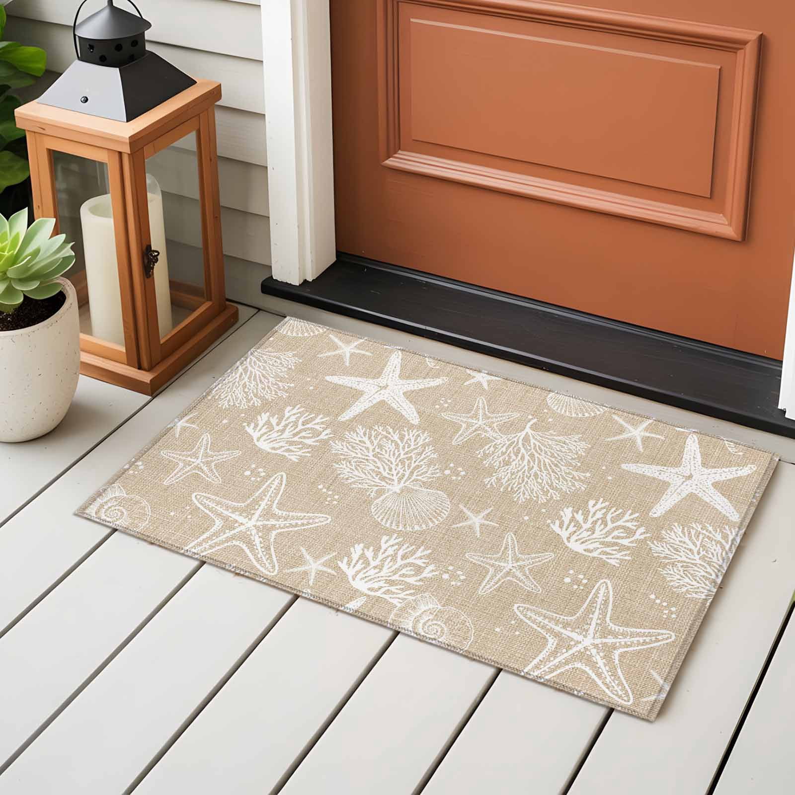 Rustic Coastal Entryway Rug 2'x3'&nbsp; Non Slip Front Door Mats, Sea Nautical Summer Beach Starfish Coral Entrance Rugs Indoor Outdoor Carpet, Washable Floor Mats Small Area Rug for Bedroom Kitchen