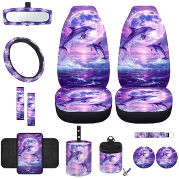 Jeiento Jumping Dolphin 12 Pack Car Seat Cover Full Set with Front Bucket Seat Cover Steering Wheel Armrest Cover Seatbelt Pads Trash Can Air Vent Holder Rear View Mirror Cover Coasters Keychain