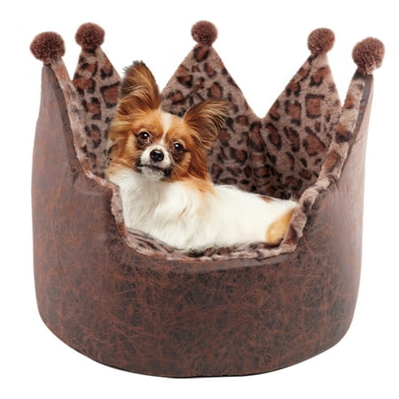 Precious Tails Luxury Leopard Print Crown-Shaped Bed for Small Dogs and Cats - Cozy Stylish and Plush Pet Bedding with Royal Design