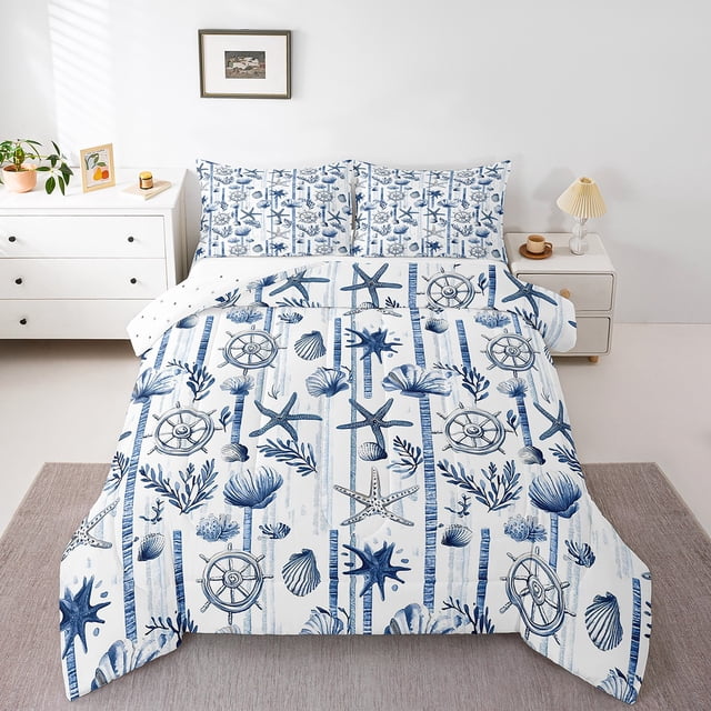 Erosebridal Starfish Seashell Bedding Comforter Set, Nautical Rudder Down Comforter, Blue Stripe Room Decor, Reversible 2 Pieces