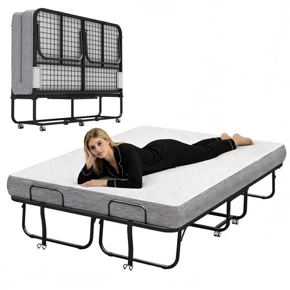 Full Size Folded Bed with Mattress, 75" x 54" Folding Bed for Hospital, Rollaway Bed Guest Bed for Adults with Sturdy Frame