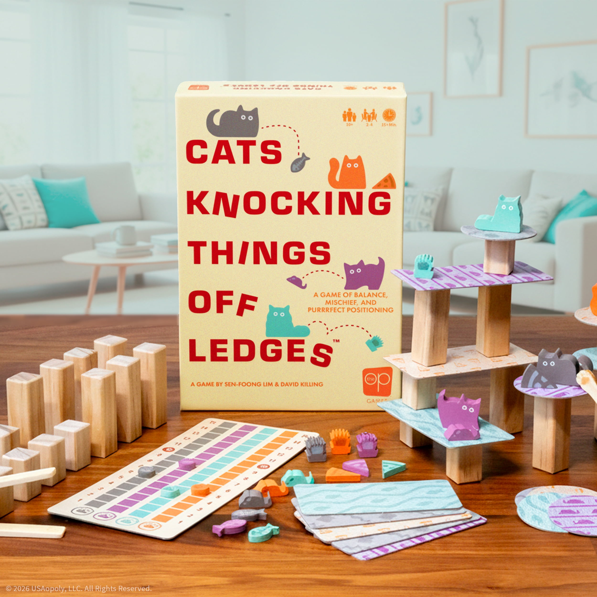 Cats Knocking Things Off Ledges™, A Fun Dexterity Stacking Game with Cute Cats & Toy Wooden Pieces, 2-4 Players, A Party Game by The Op Games