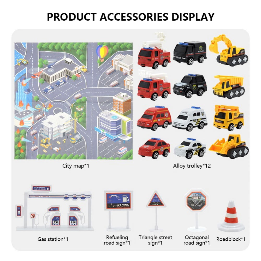 Car Rug Kids Car Mat Play Rug City Life, Car Play Mat with 12 Cars, Large Track Mat Travel Toy Portable Anti-Slip Educational Road Carpet for Floor Play Room Game Safe Area