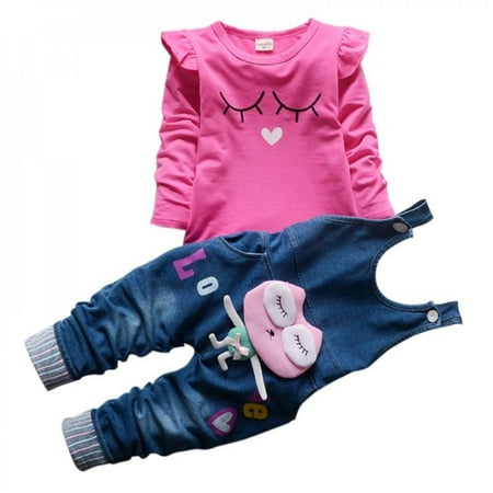 

Baby Clothes for Girl Baby Girls Set Clothes Kids Cartoon Printed Long Sleeve Tops T-shirt Denim Overall Pants Outfits Set Costume 0-4Y