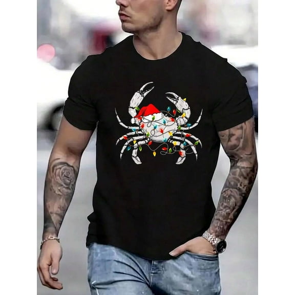 100% Cotton Crab Santa Hat Xmas Lights Sea Animal Lover Ugly T-Shirts Funny Printed Men's T-Shirt