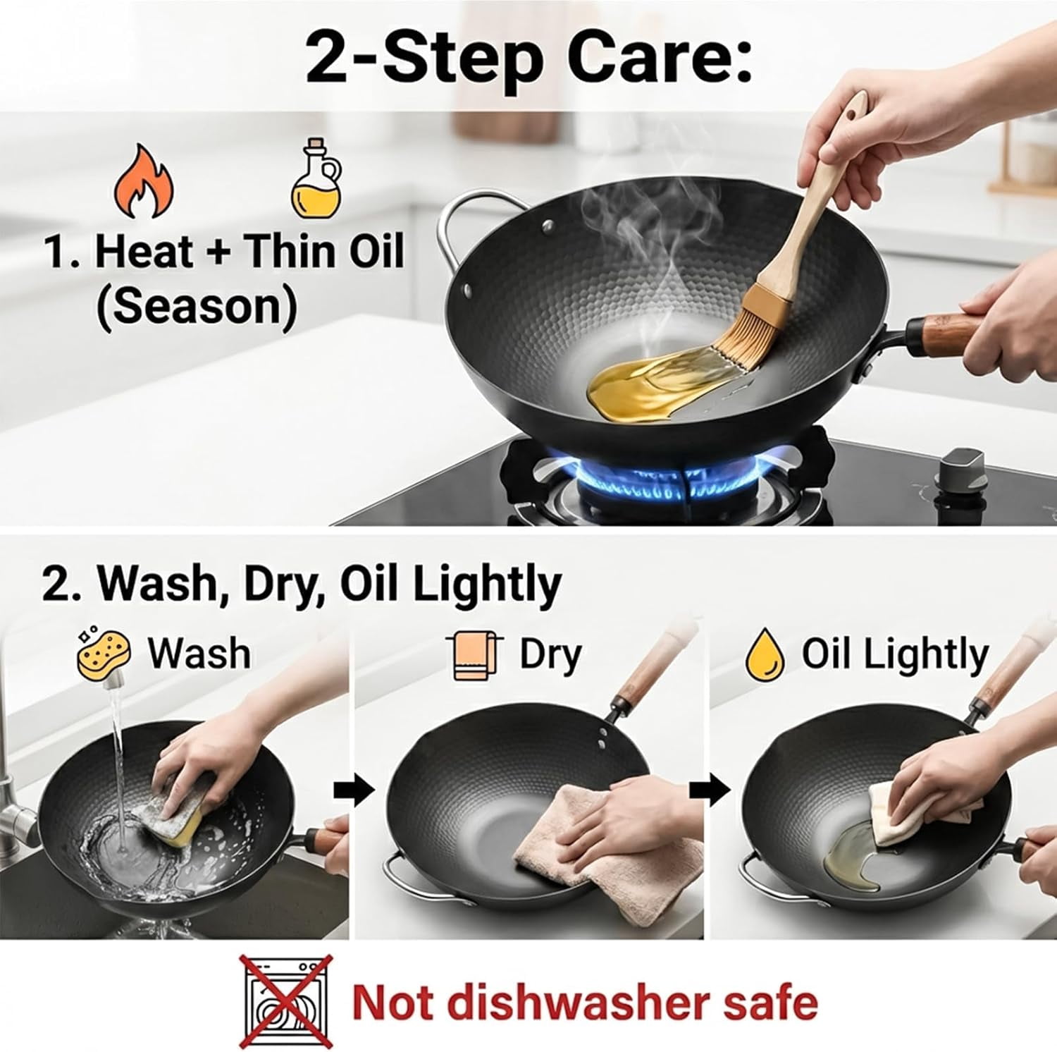 12.6 Inch Flat Bottom Carbon Steel Wok Pan with Lid and Spatula, Heavy Duty Uncoated Iron Stir Fry Cookware for Induction Gas Electric Stovetops