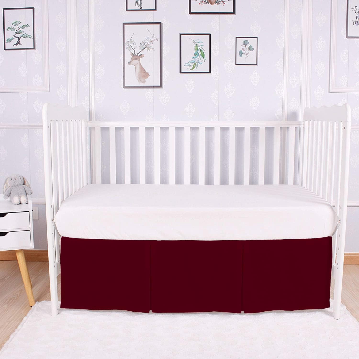 1 Piece Crib Pleated 100% Egyptian Cotton 800 Thread Count Bedskirt for Baby Boys Girls Crib Pleated Toddler (28” x 52” x 14’’) Bed Skirt - Burgundy Solid